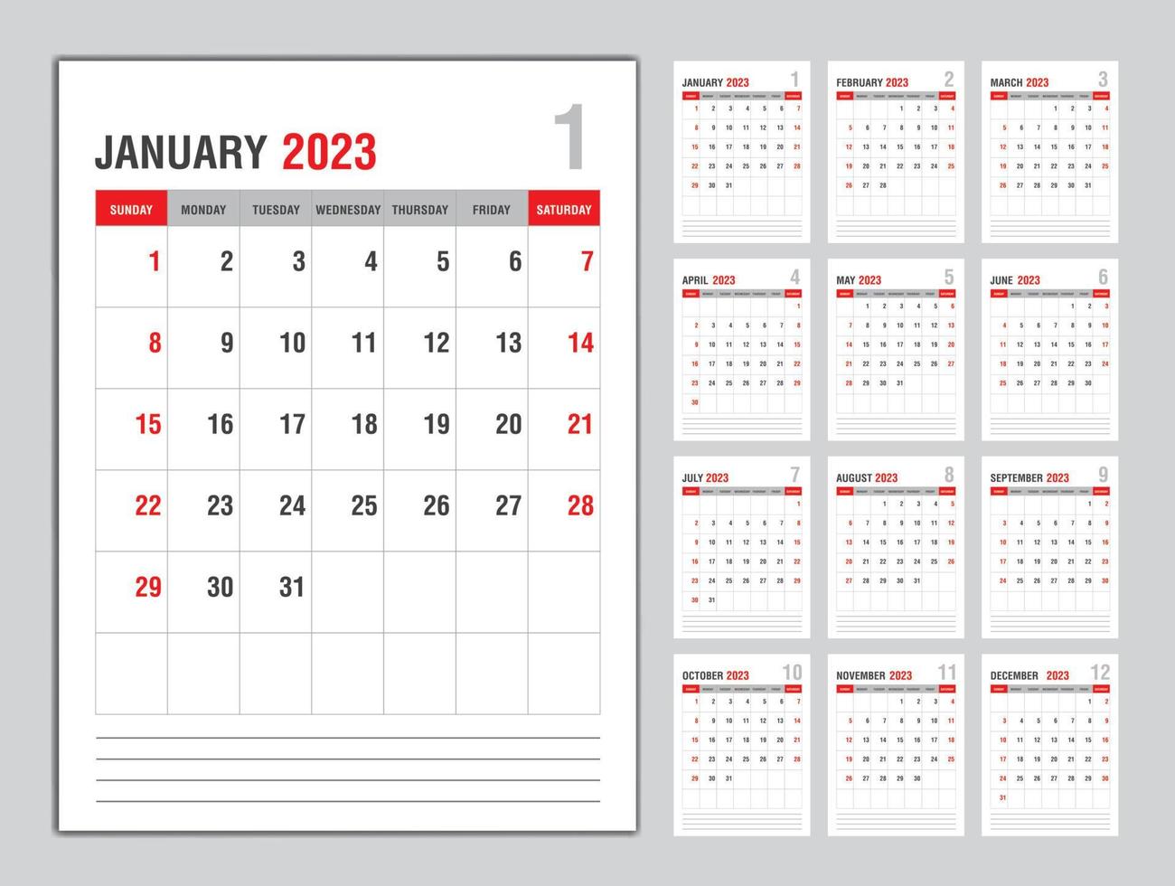 modelo de calendário mensal para o ano de 2023, a semana começa no domingo, planejador do ano de 2023, calendário de parede em estilo minimalista, layout vertical do modelo de calendário de mesa 2023, vetor de modelo de negócios