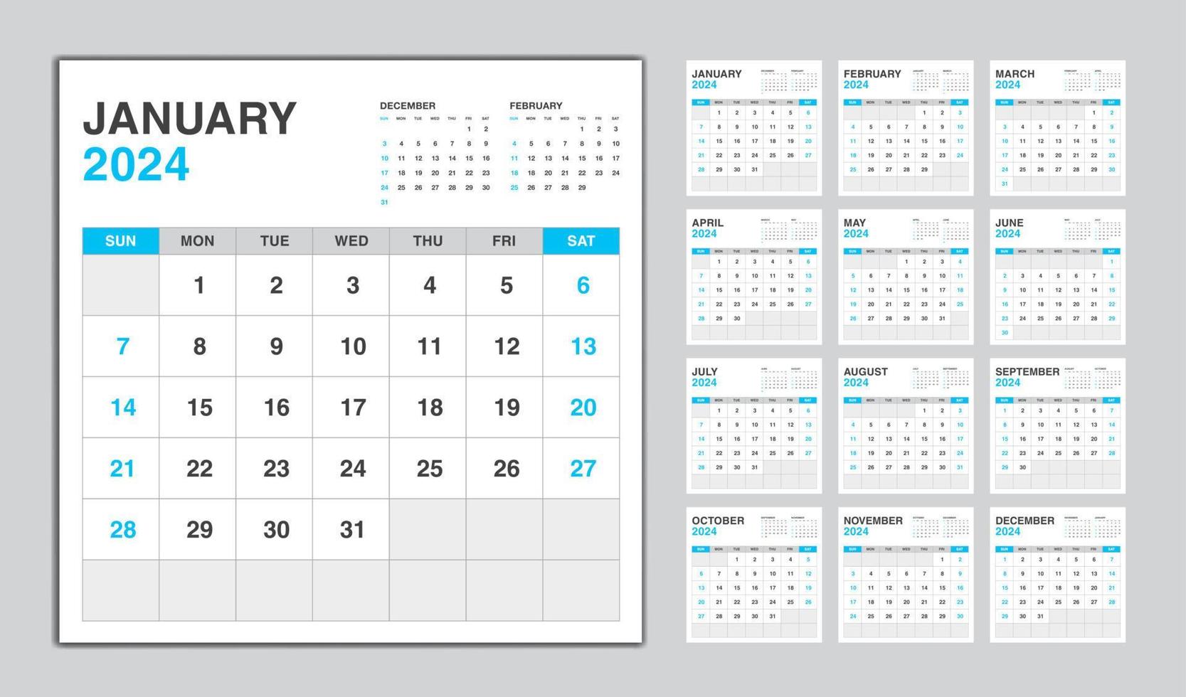 design de calendário 2024 ano azul, modelo de calendário mensal para 2024 anos, semana começa no domingo, modelo de calendário de parede minimalista 2024, planejador, vetor de modelo de negócios