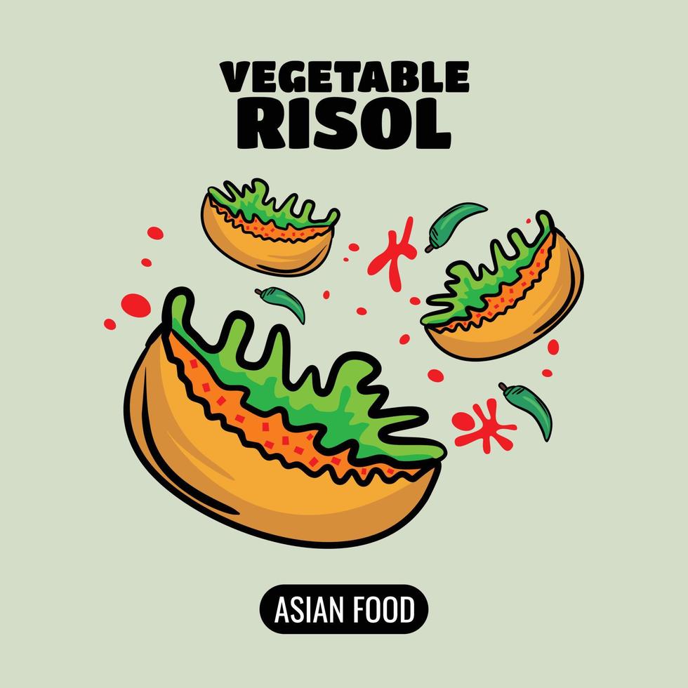 design de conceito de esboço de linha abstrata com ilustração de comida risol de vegetais asiáticos vetor