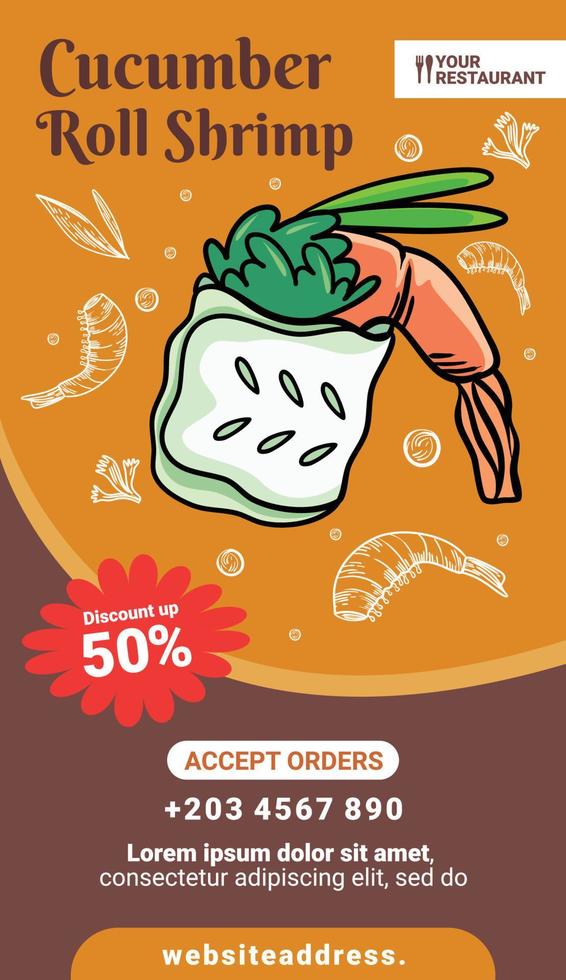 cartaz de restaurante para promoção de comida de rolos de camarão de pepino vetor
