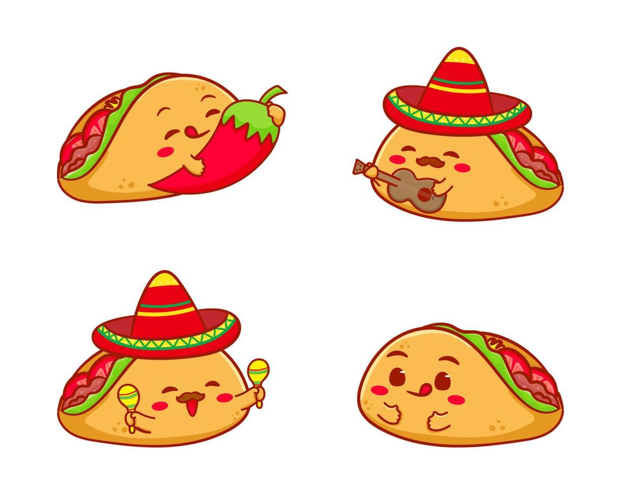 personagem de desenho animado de taco fofo. projeto de conceito de comida kawai. tacos com chapéu, sombrero, maracas, guitarra e malagueta. comida tradicional mexicana latino-americana. fundo branco isolado. vetor