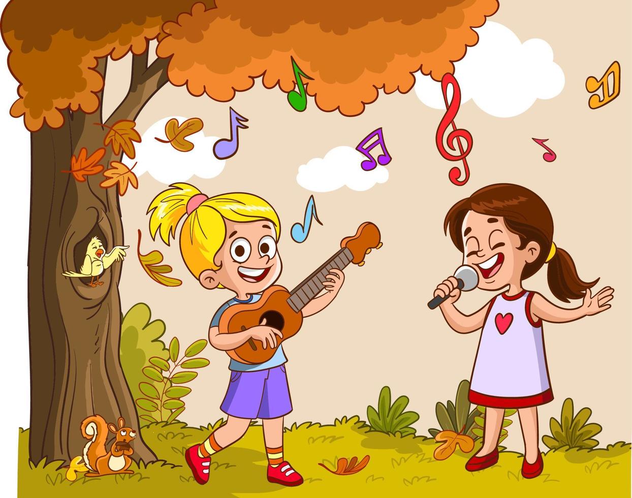 crianças cantando ilustração vetorial de desenho animado vetor