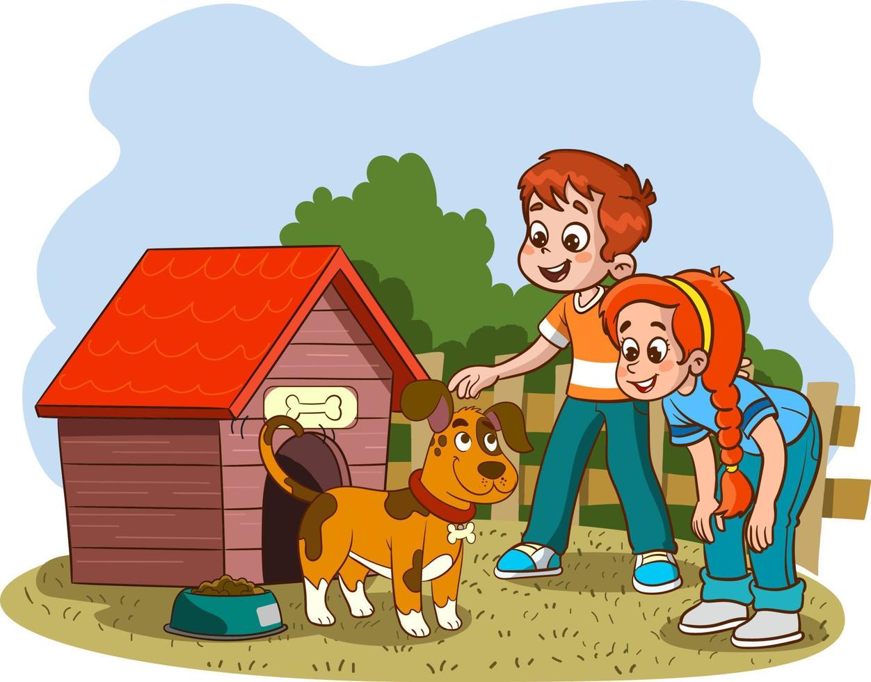 crianças bonitinhas que adoram ilustração vetorial de desenhos animados de cães vetor