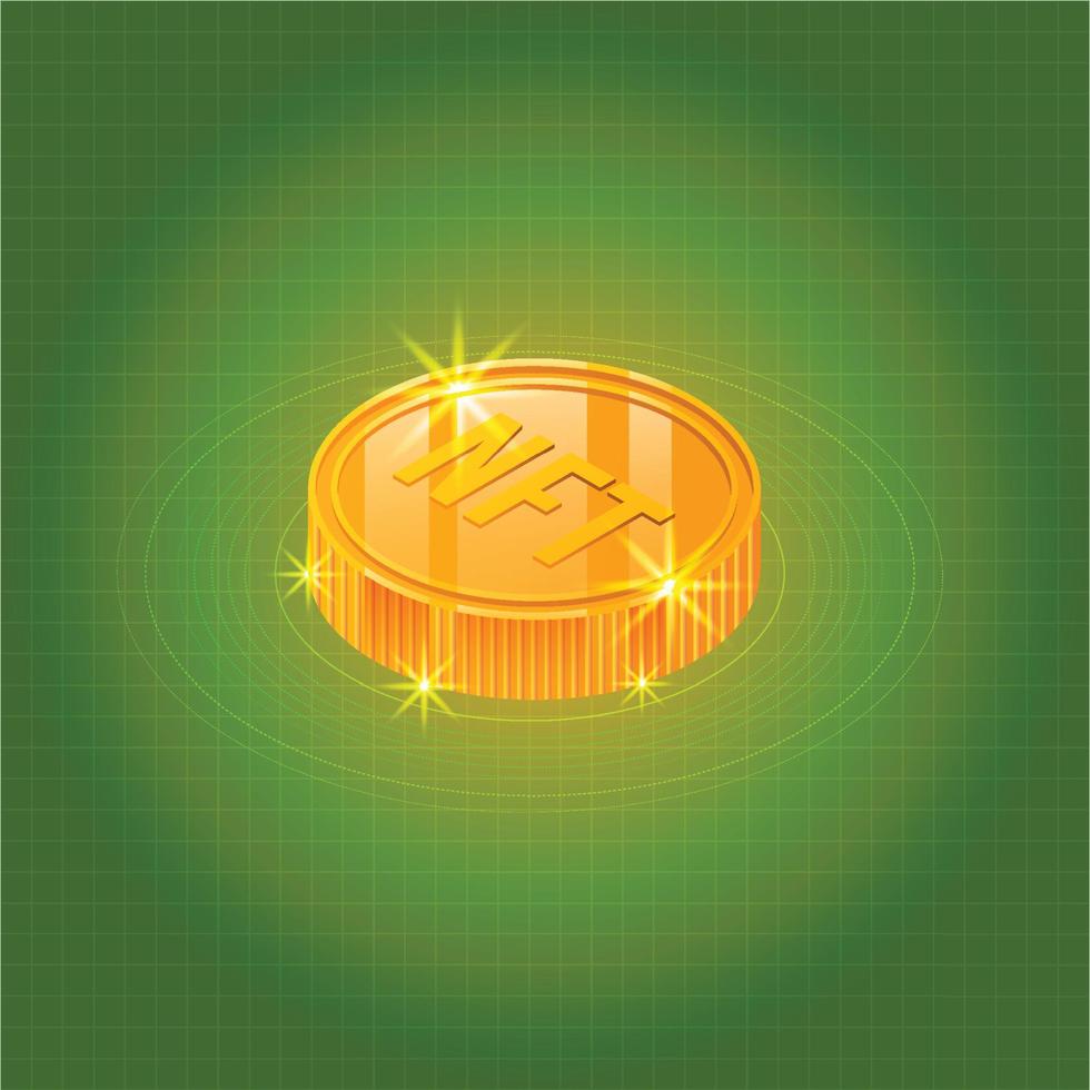 moeda de ouro token não fungível com fundo de luz verde brilhante vetor