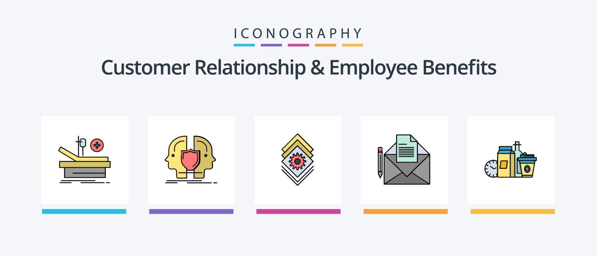linha de relacionamento com o cliente e benefícios dos funcionários preencheu o pacote de 5 ícones, incluindo a árvore. fax. livro. mensagem. teoria. design de ícones criativos vetor