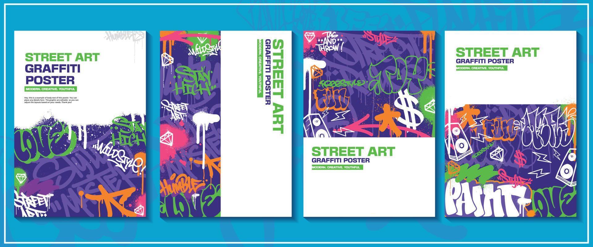 cartaz de arte de graffiti moderno ou design de folheto com etiquetas coloridas, vomitar. vetor de ilustração de grafite abstrato desenhado à mão em tema de arte de rua