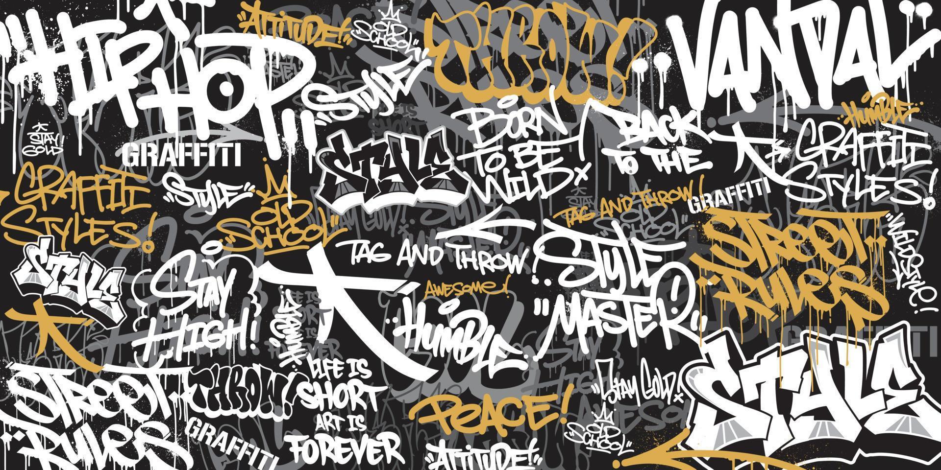 ilustração em vetor de fundo graffiti. texturas de arte graffiti sem costura em um estilo desenhado à mão. tema de arte de rua da velha escola e urbana para design de camiseta, têxtil, plano de fundo, papel de parede e estampas