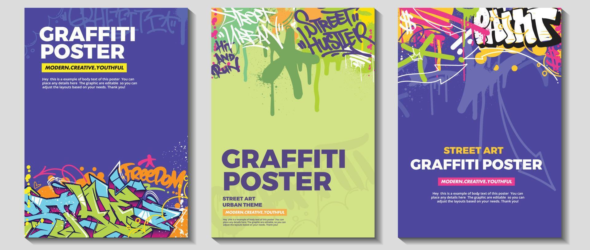 cartaz de arte de graffiti moderno ou design de folheto com etiquetas coloridas, vomitar. vetor de ilustração de grafite abstrato desenhado à mão em tema de arte de rua