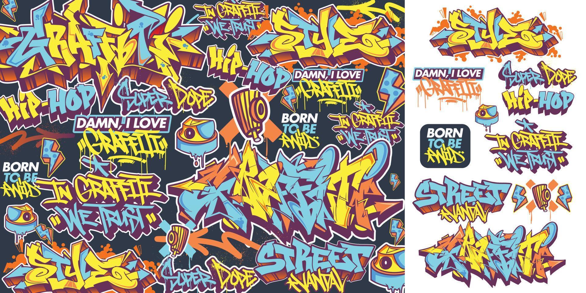 um conjunto de adesivos de arte de grafite coloridos ou vibrantes. tema de arte de rua, estilo urbano para design de camisetas, design de grafite para papel de parede, arte de parede ou designs de arte impressa. vetor