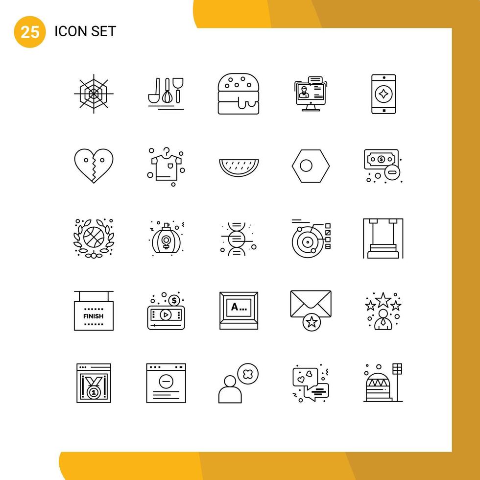 pacote de ícones vetoriais de estoque de sinais e símbolos de 25 linhas para aplicativos móveis, comida móvel favorita, diálogo on-line, elementos de design de vetores editáveis