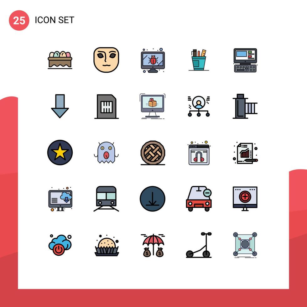 pacote de 25 sinais e símbolos modernos de cores planas de linha preenchida para mídia de impressão na web, como suprimentos de tela de suprimentos de computador, elementos de design de vetores editáveis de escritório
