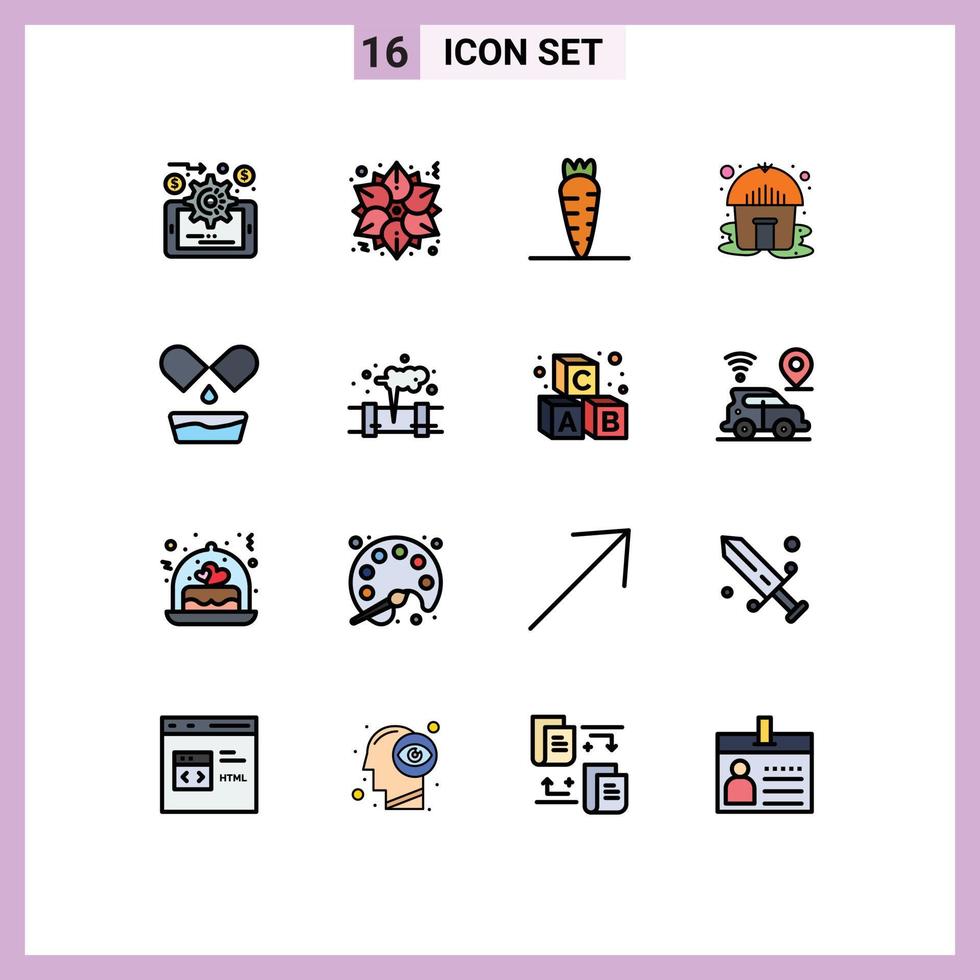 conjunto de linhas cheias de cores planas de interface móvel de 16 pictogramas de pílulas de vazamento comida médica yurt elementos de design de vetores criativos editáveis