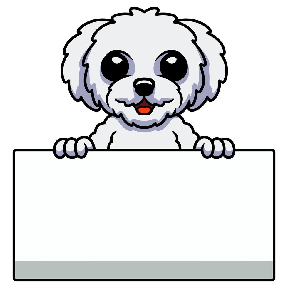 desenho de bichon frise fofo segurando placa em branco vetor