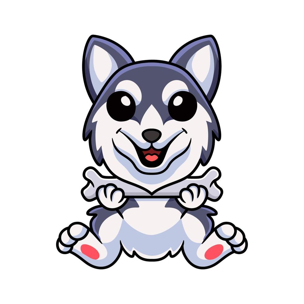 desenho animado de cachorro husky siberiano fofo segurando um osso vetor