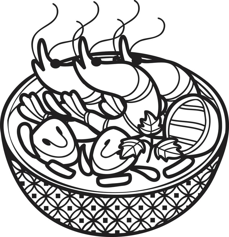 sopa de camarão picante desenhada à mão ou ilustração de comida tailandesa vetor