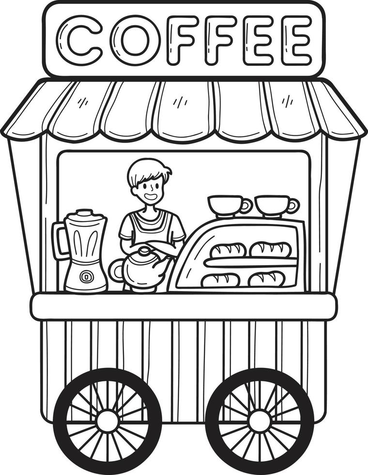 carrinho de comida de rua desenhado à mão com ilustração de café vetor