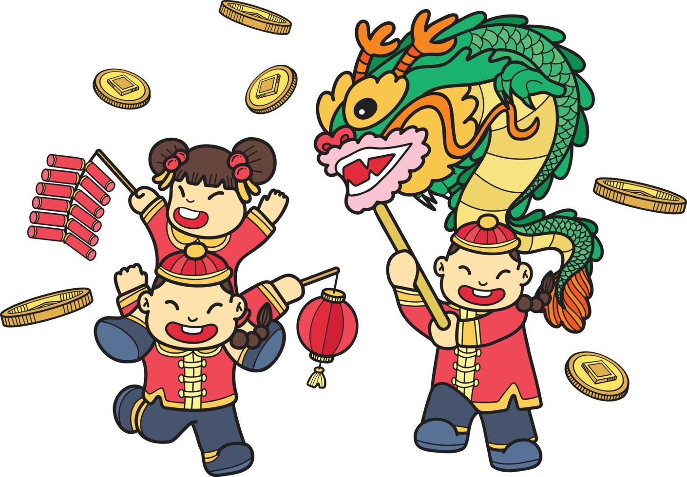 crianças chinesas desenhadas à mão dançam dragões e se divertem ilustração vetor