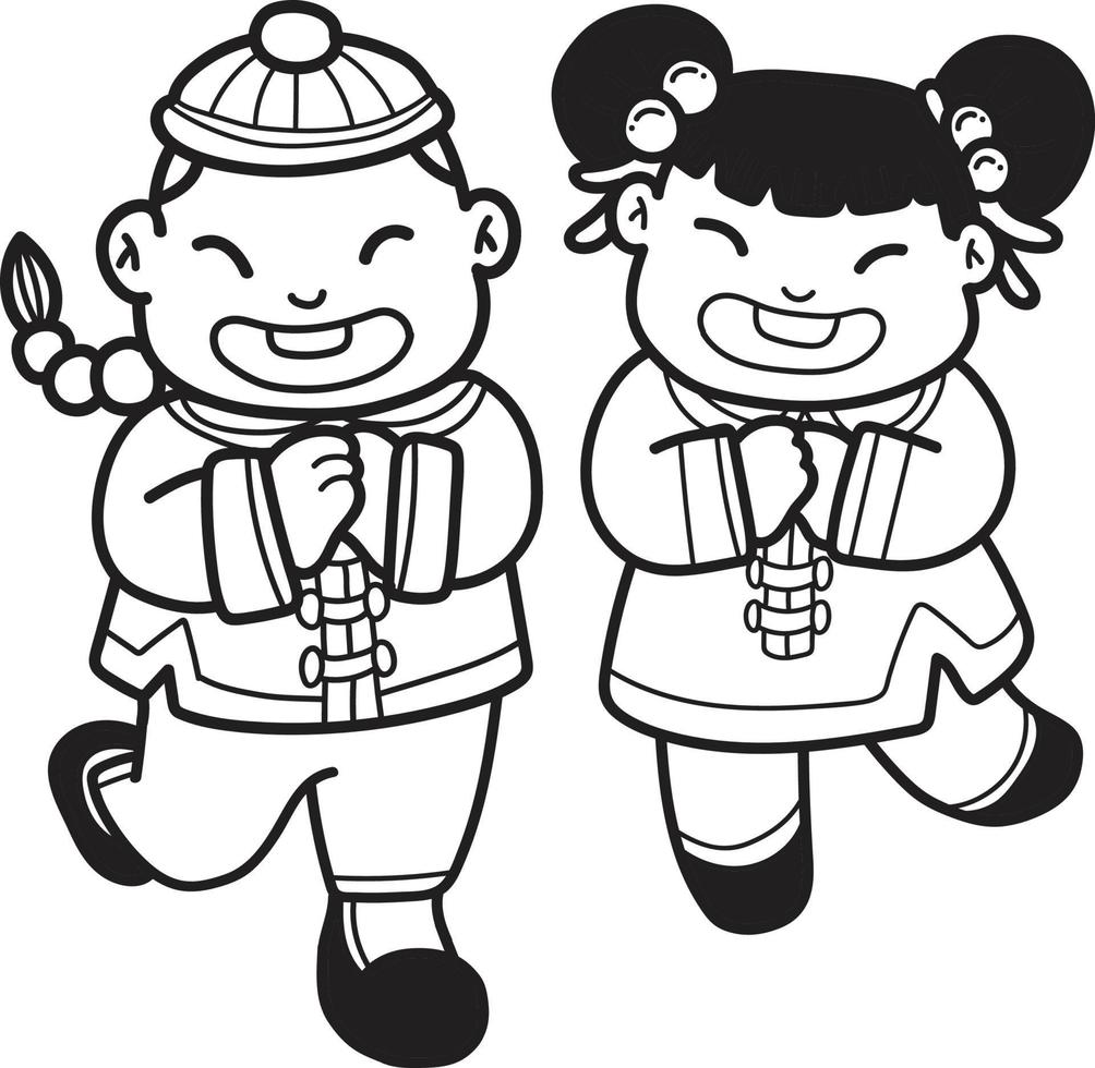menino chinês desenhado à mão e menina sorrindo e ilustração feliz vetor