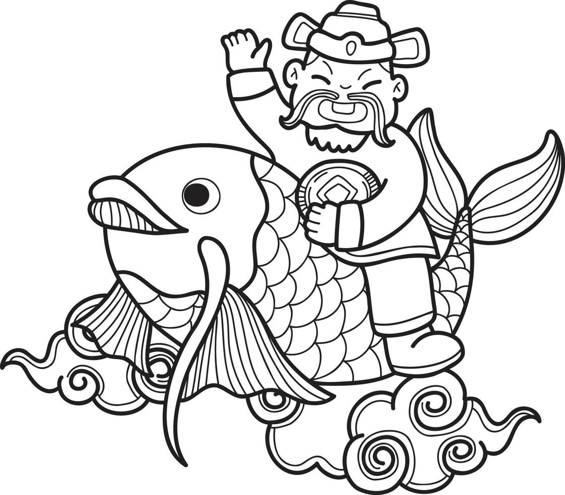 deus da riqueza chinesa desenhado à mão e ilustração de koi vetor