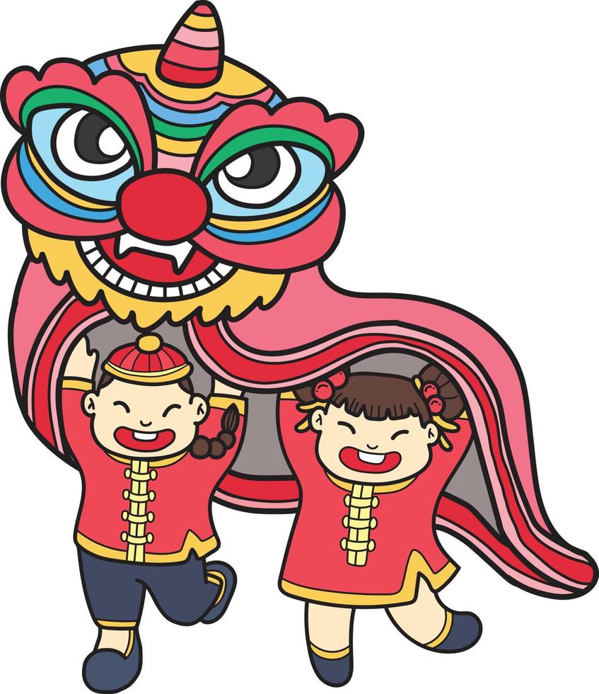 leão chinês desenhado à mão dançando com ilustração de crianças chinesas vetor