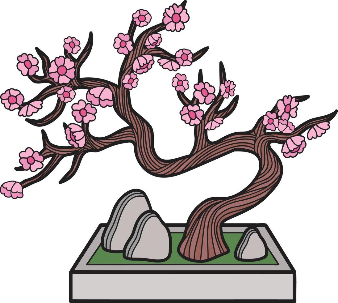 árvore bonsai desenhada à mão com ilustração de pedras vetor