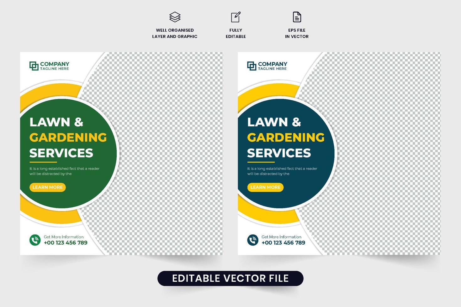 vetor de postagem de mídia social de serviço de gramado e jardinagem com cores verdes e azuis escuras. projeto de banner web promocional de negócios de paisagismo para marketing. vetor de modelo de serviço agrícola.