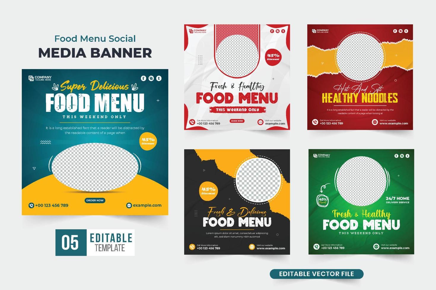 modelo de cartaz de menu de comida deliciosa definido com cores vermelhas e azuis para restaurantes. coleção de modelo de promoção de negócios de pedido de comida online com formas abstratas. pacote de modelo de menu de comida saudável. vetor