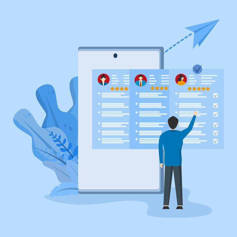 conceito de processo de recrutamento de trabalho. os gerentes de RH procuram novas contratações, leem currículos e fornecem análises de candidatos a vagas. personagens se candidatando a um cargo. ilustração vetorial. vetor
