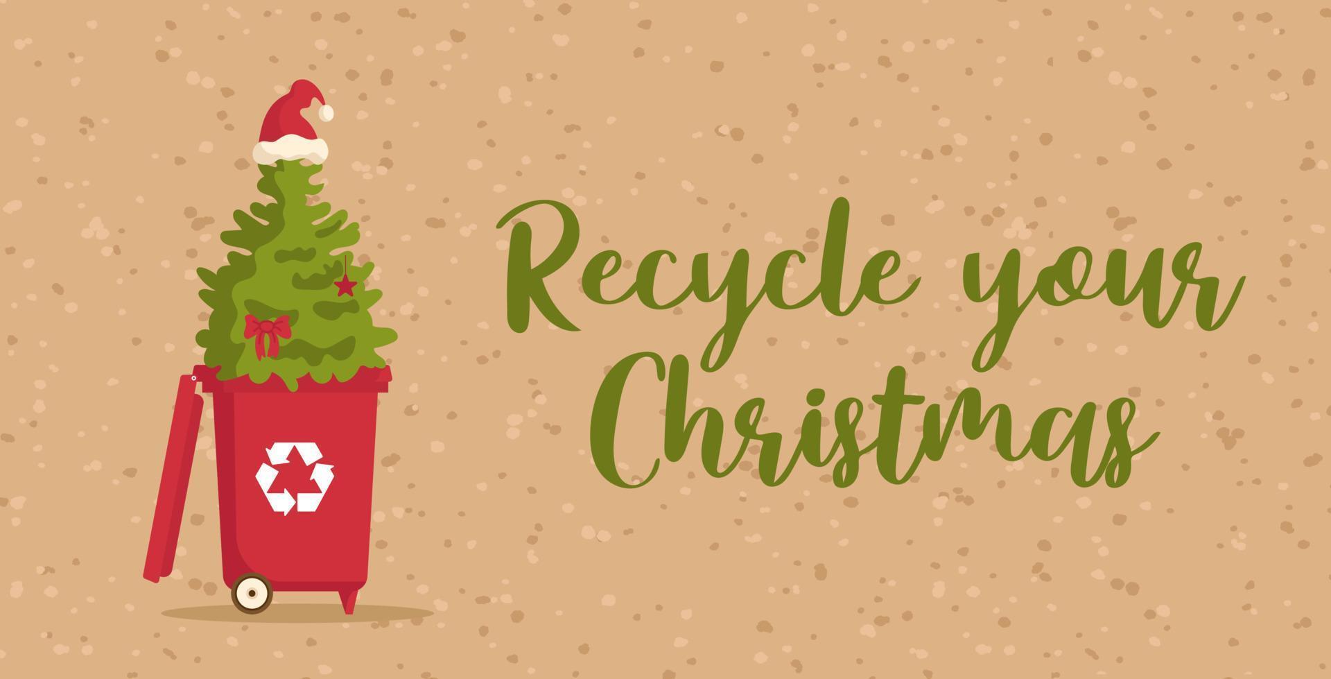 árvore de natal em uma lixeira com um sinal de reciclagem. limpeza pós-férias. ambientalmente amigável, feriados verdes, consumo razoável. banner horizontal para site, pôster, panfleto. vetor