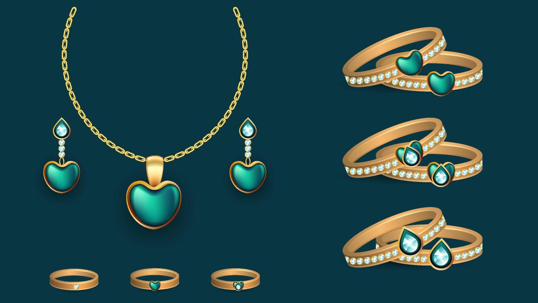 conjunto vetorial de colar de objeto de joalheria realista, pulseiras, brincos e anéis. vetor