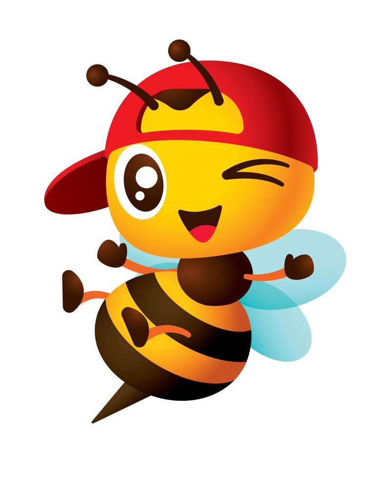 abelha fofa de desenho animado usando boné vermelho snapback com mãos abertas e pernas saltando ilustração de personagem de pose vetor