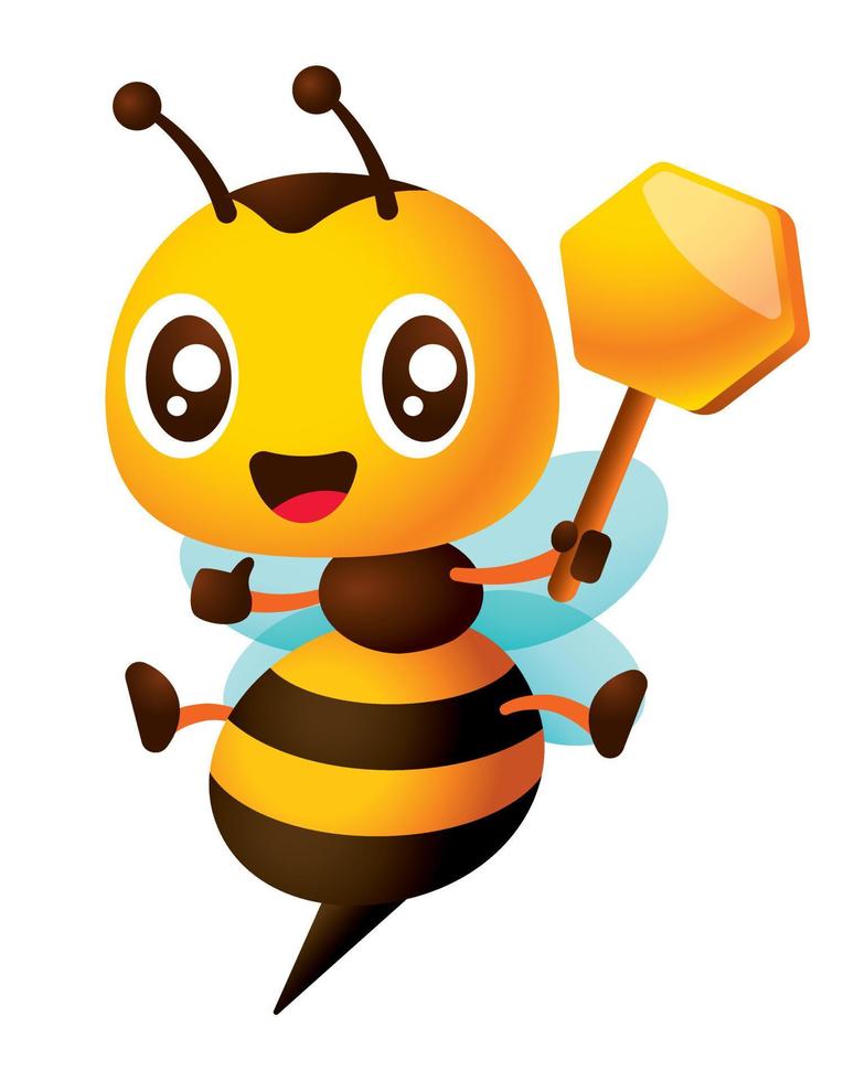 desenho animado de abelha sorridente bonito com olhos grandes segurando sinal de favo de mel vazio. abelha personagem abre as pernas mais largas vetor