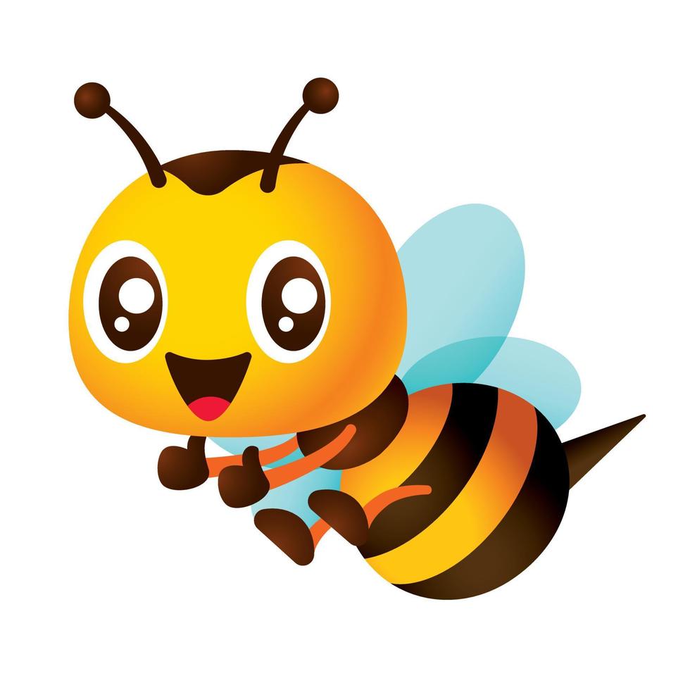 abelha bonito dos desenhos animados voando com mostrando o polegar para cima as mãos. ilustração de mascote de personagem de abelha feliz vetor