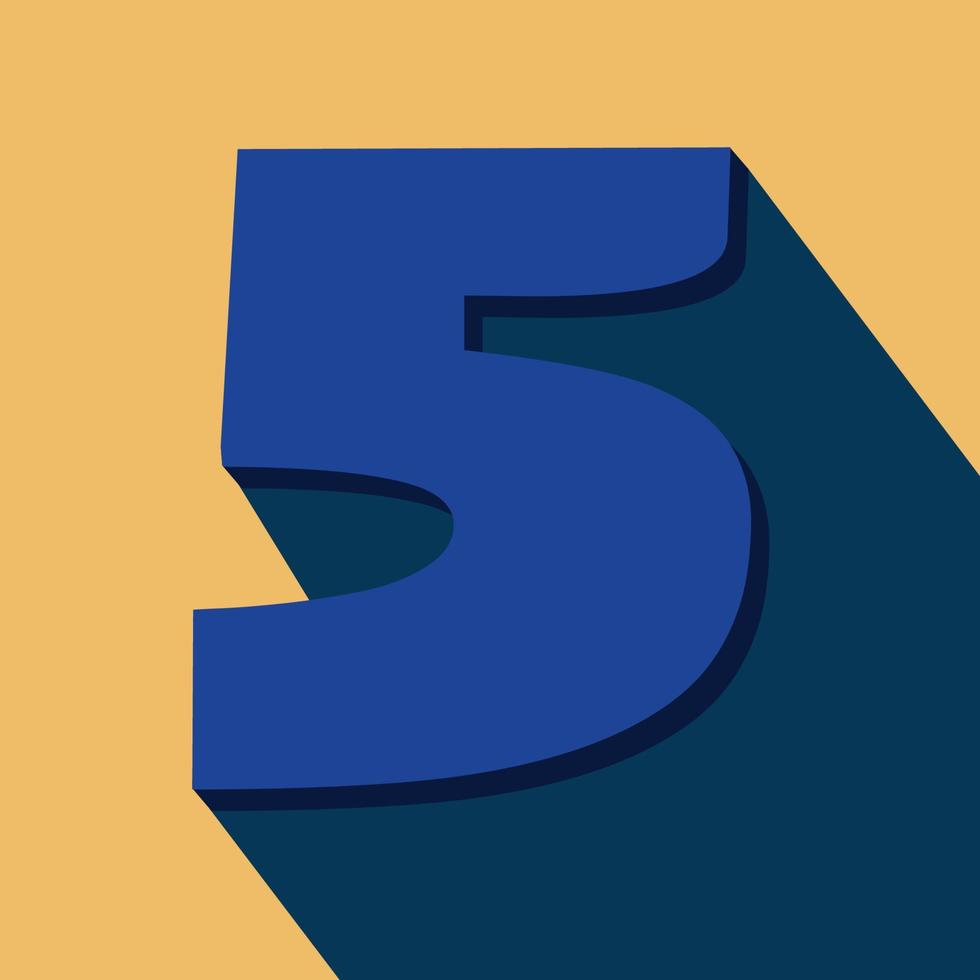 números cinco, número 5 longa sombra em fundo laranja com cor azul. vetor