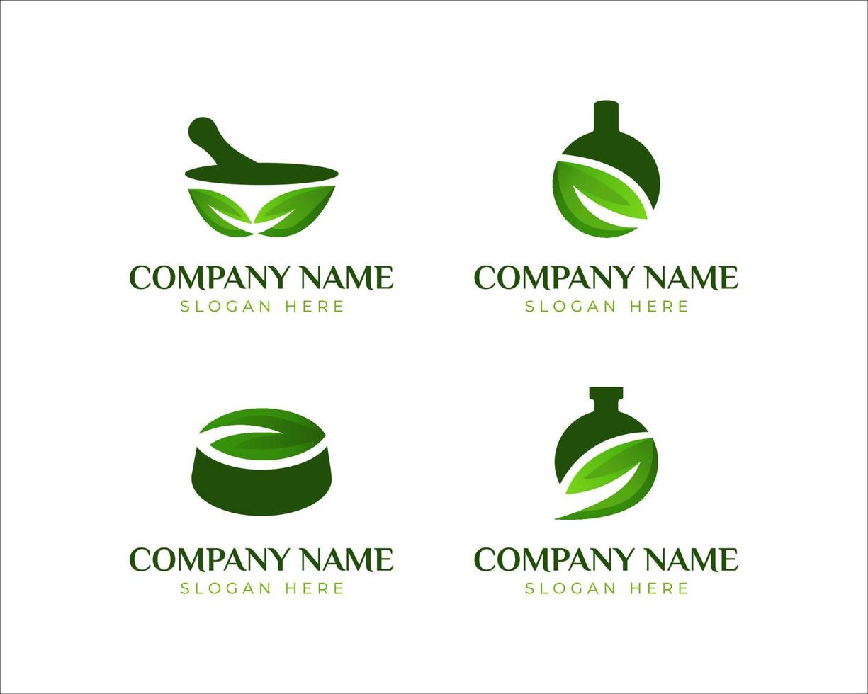 conjunto de logotipo de ervas. logotipo do almofariz e pilão vetor