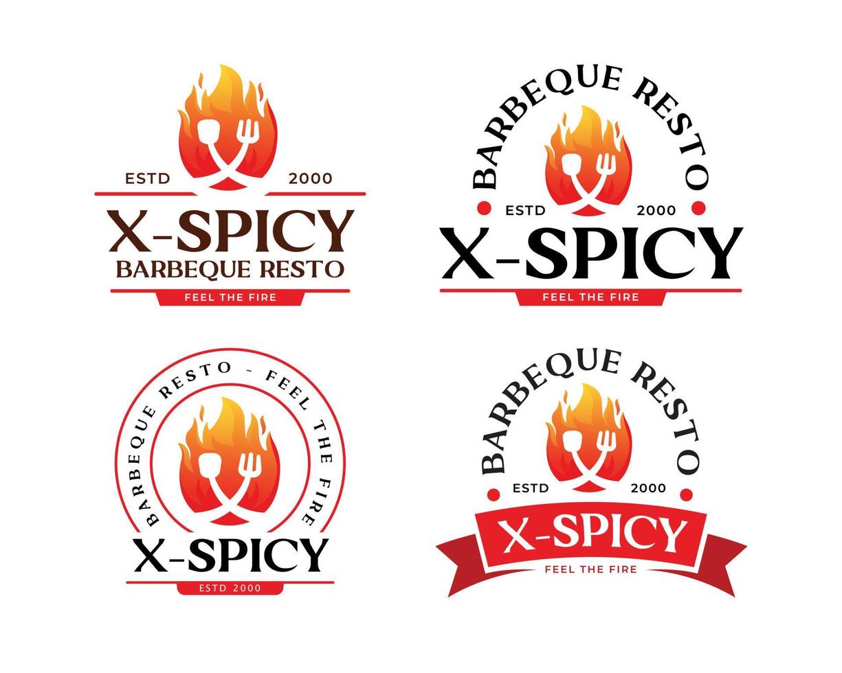 conjunto de design de logotipo de fogo com colher e garfo em espaço negativo, estilo de logotipo vintage moderno vetor