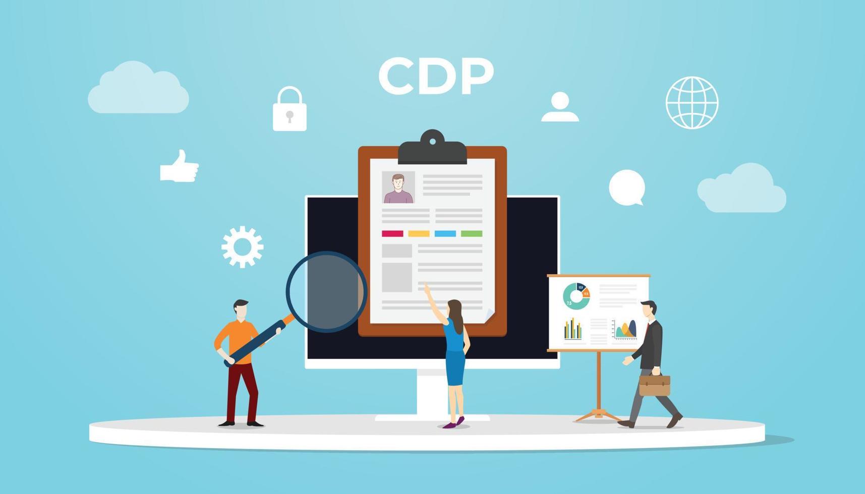 conceito de plataforma de dados do cliente cdp com pessoas analisam dados com ícone e computador com estilo plano moderno vetor