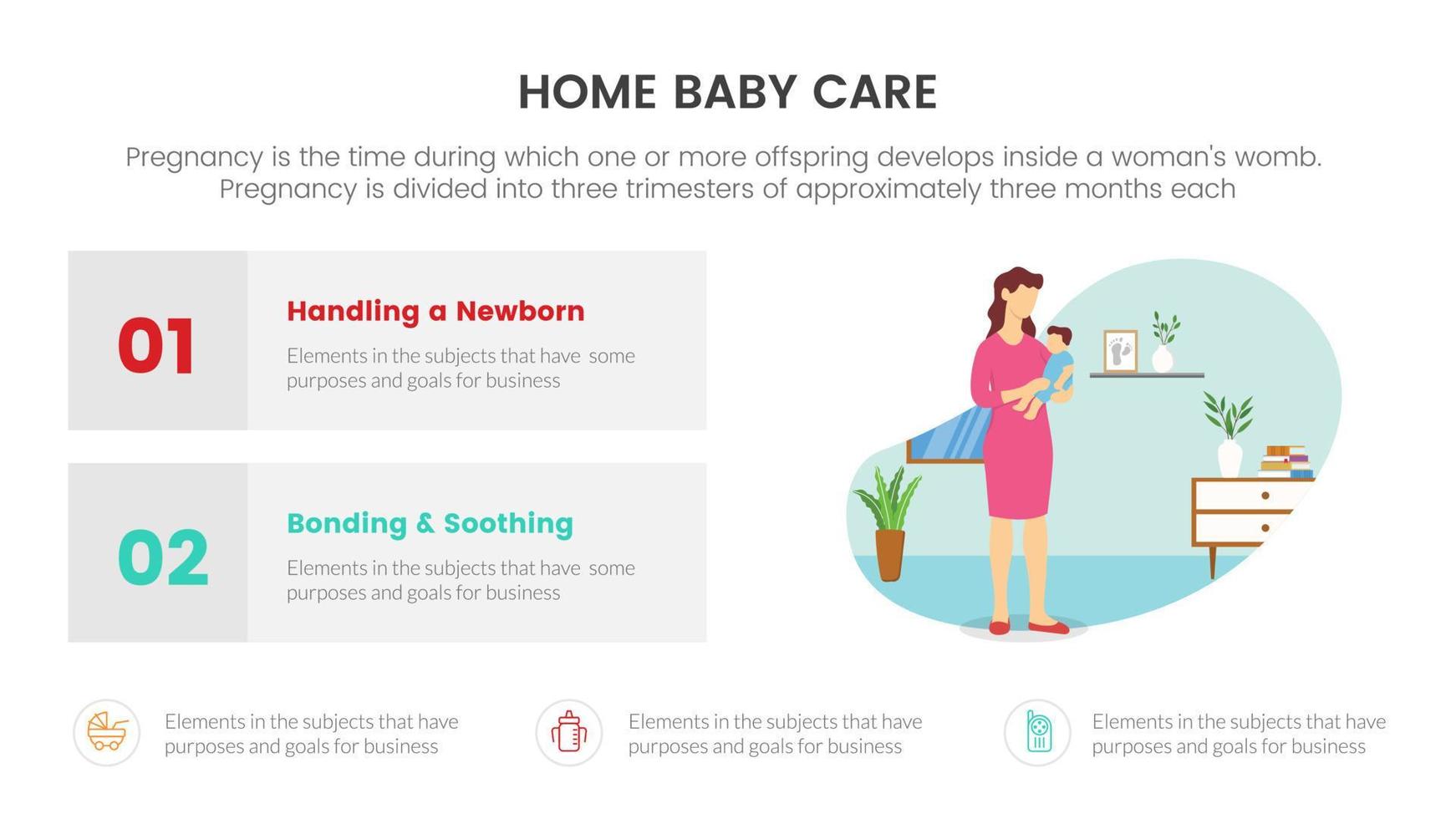 cuidados com o bebê em casa para grávidas ou conceito de infográfico de gravidez para apresentação de slides com lista de 2 pontos vetor
