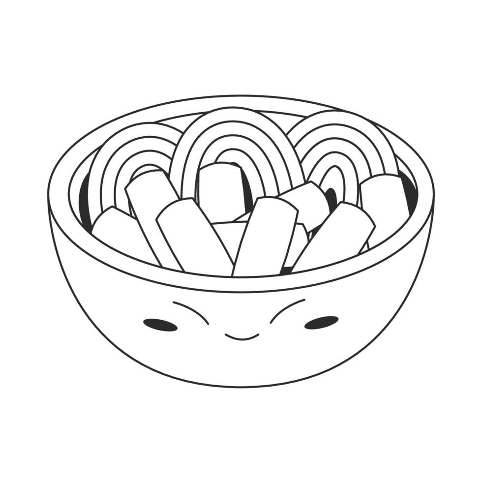 ilustração de comida coreana tteokbokki - bolos de arroz tteokbokki em uma tigela fofa com molho picante. ilustração em vetor estoque isolada no fundo branco. estilo de contorno
