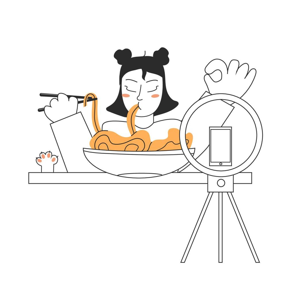 uma jovem está filmando uma transmissão comendo macarrão ramen mukbang cultura coreana. conceito de comida. ilustração de estoque vetorial isolada em fundo branco em estilo simples vetor