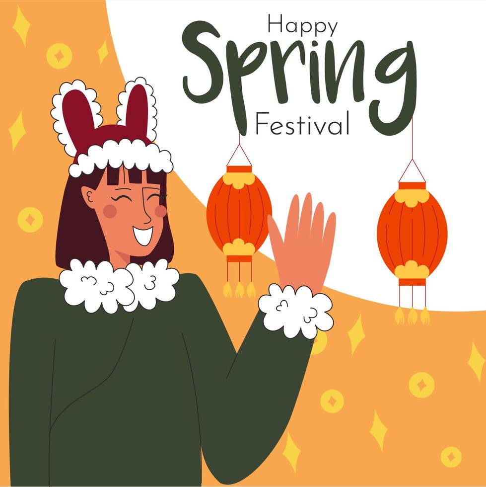 design de banner web feliz festival de primavera com mulher em roupas chinesas de tradição e elementos de lanterna. ilustração em vetor estoque.