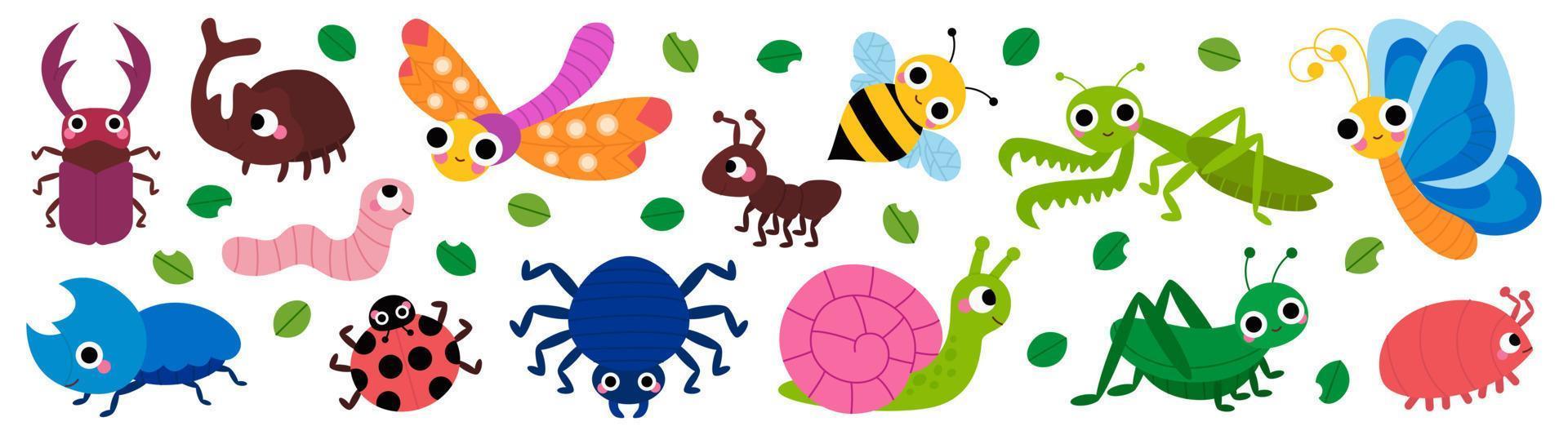 conjunto de insetos de jardim fofos, insetos. caracol, aranha, borboleta, besouro, louva-a-deus, libélula, gafanhoto, minhoca, aranha, joaninha, abelha, besouro, formiga para crianças. personagens infantis engraçados. vetor