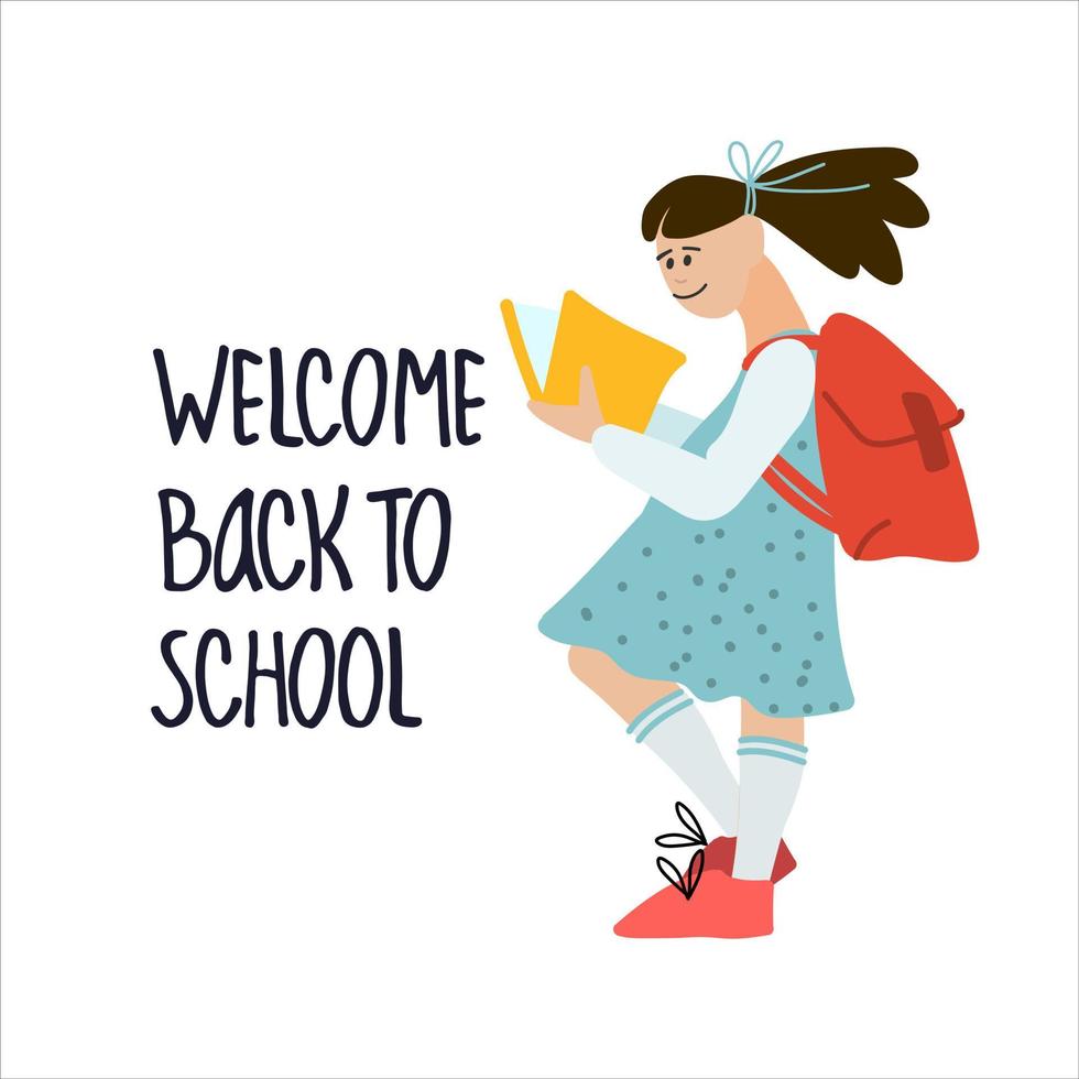 bem-vindo de volta ao banner da escola. ilustração vetorial de alunos felizes em design de estilo plano e letras de mão vetor
