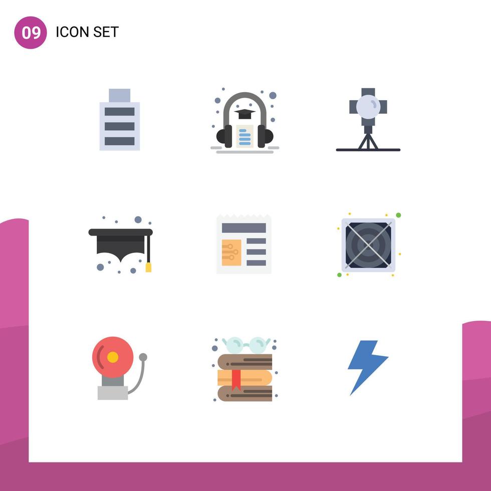 9 ícones criativos sinais e símbolos modernos de elementos de design de vetor editável de chapéu de estudante de filme de documento de interface do usuário