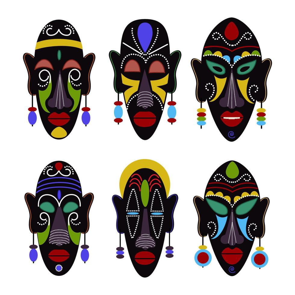 conjunto de máscaras tribais negras africanas. símbolos rituais isolados no fundo branco. ilustração em vetor plana colorida.