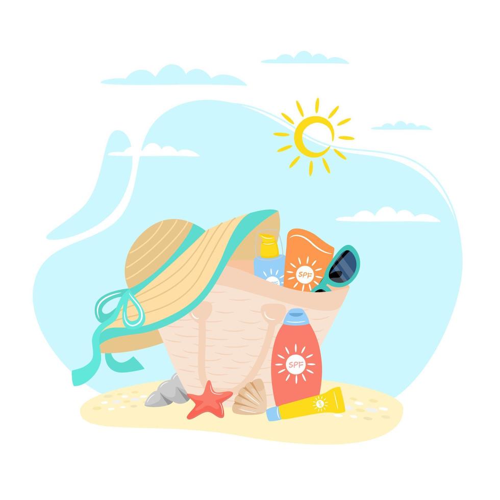 bolsa feminina com acessórios de praia protetor solar, óculos de sol, chapéu. conjunto de elementos de design de verão. conceito de queimadura solar. ilustração vetorial. vetor