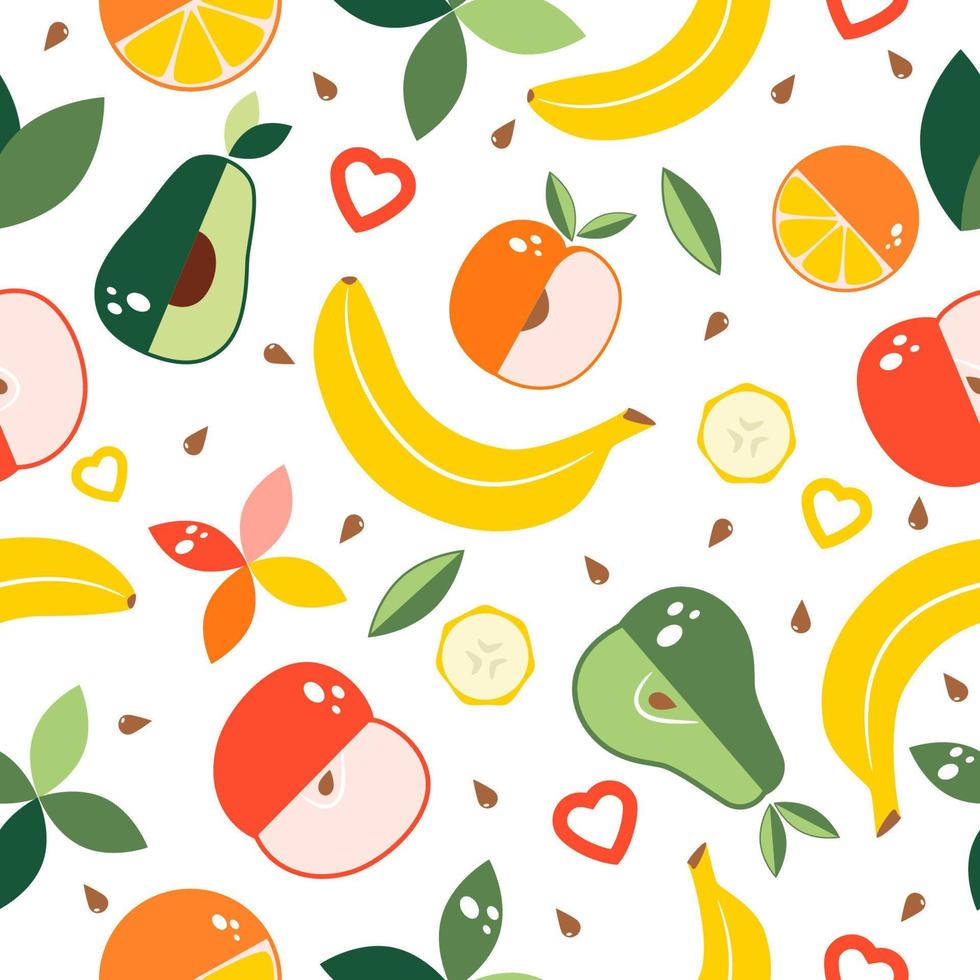 padrão sem emenda com frutas, pedaços de frutas e elementos decorativos. ilustração vetorial isolada no fundo branco. vetor