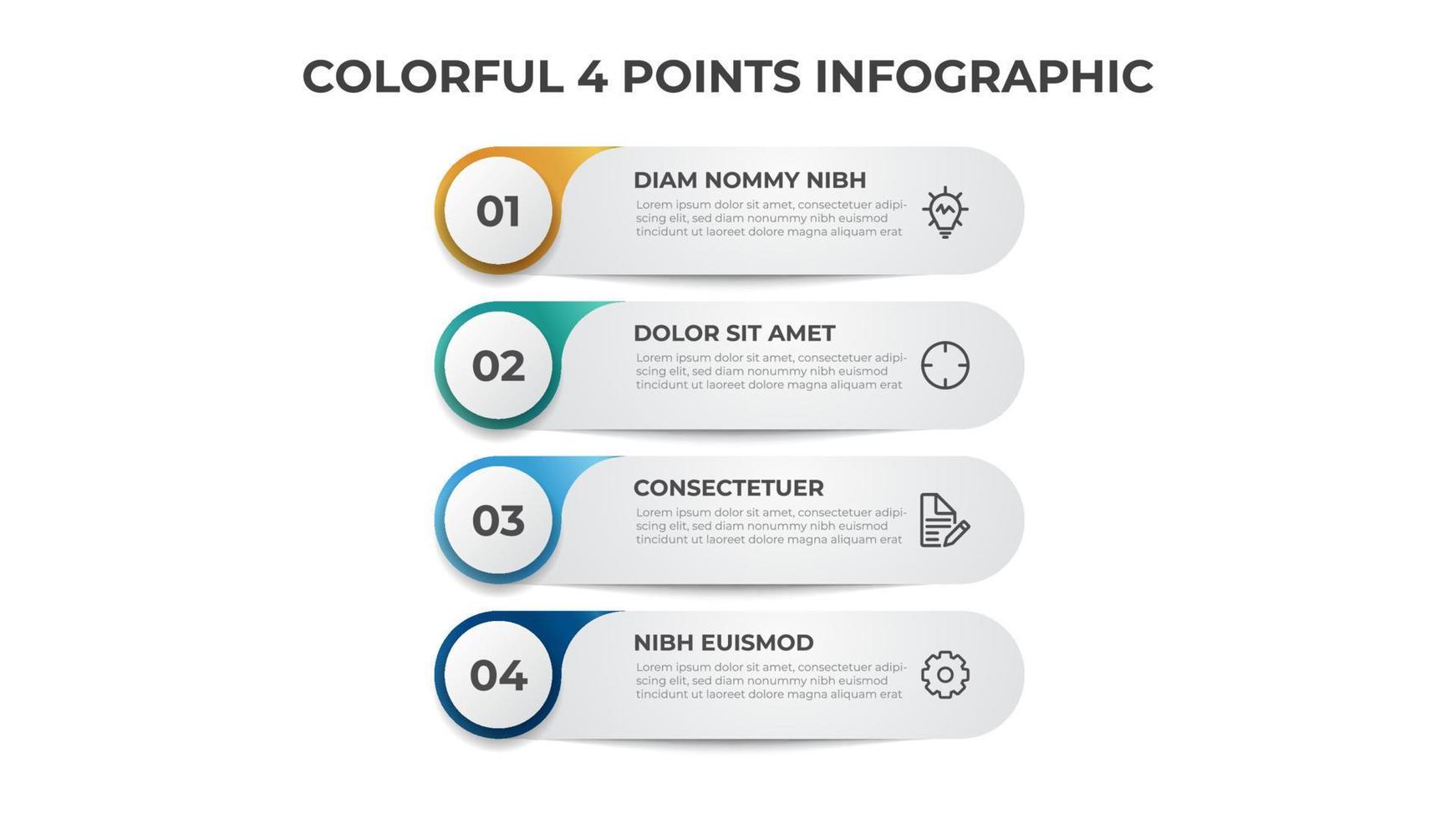 diagrama de lista colorida com 4 pontos de etapas, vetor de modelo de elemento infográfico.