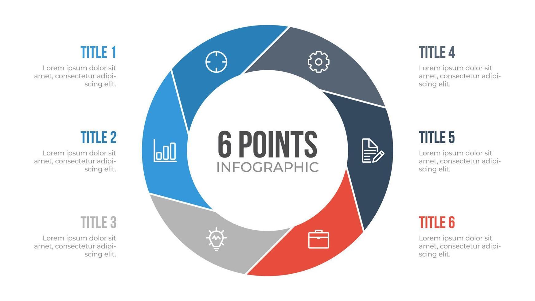 Vetor de elemento infográfico de círculo de 6 pontos, pode ser usado para fluxo de trabalho, etapas, opções, lista, processos, slide de apresentação, relatório, etc.