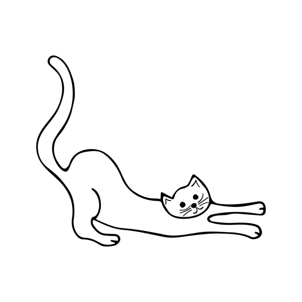 gato doodle se estende para trás, vetor de ilustração preto e branco